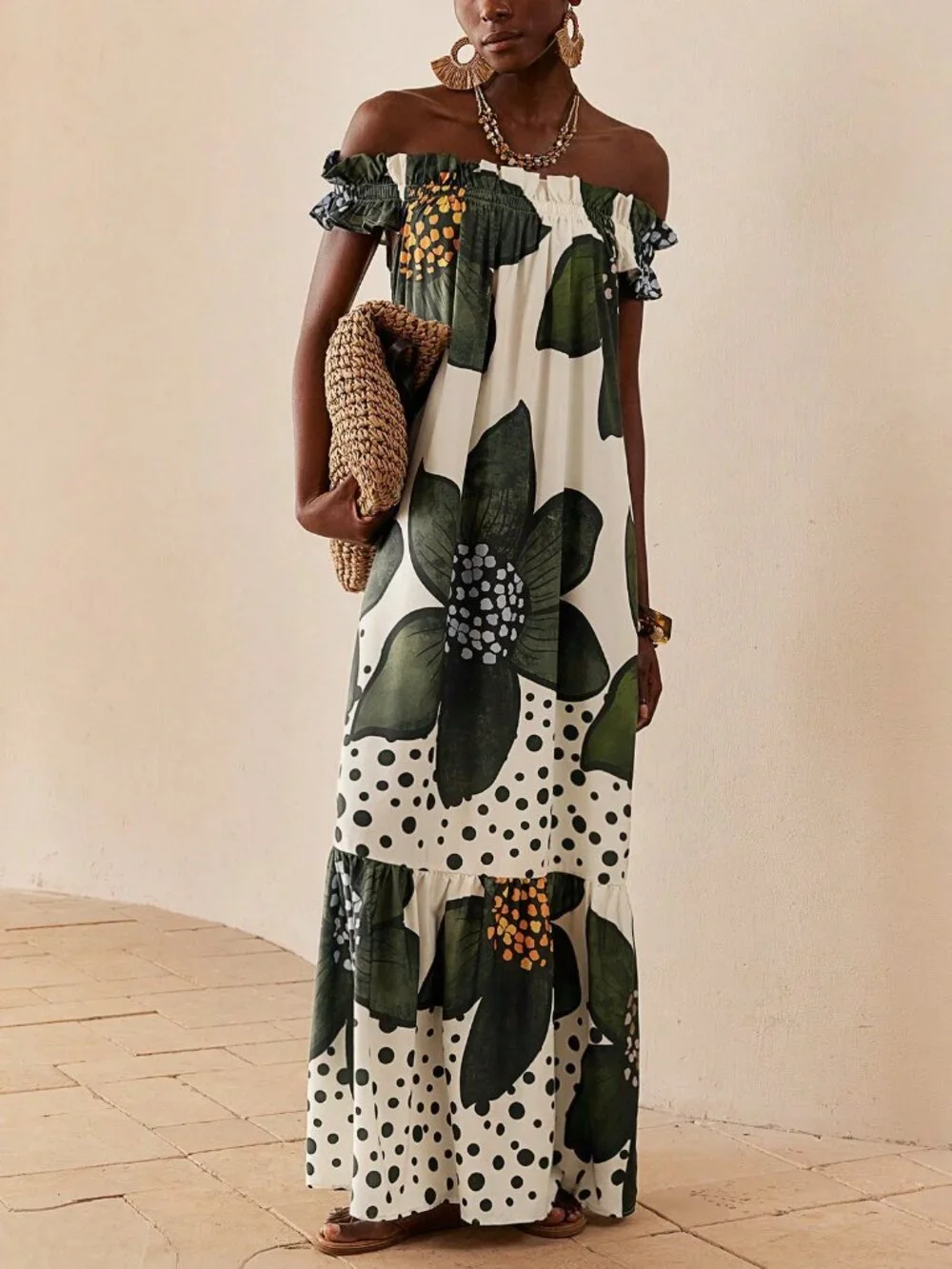 Multicolor Boho Women's Floral Print Off-Shoulder maxi Dress - Picture 4 of 7